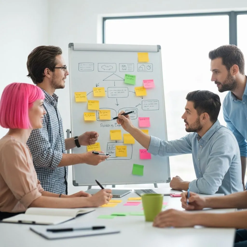 Software development team collaborating at a whiteboard