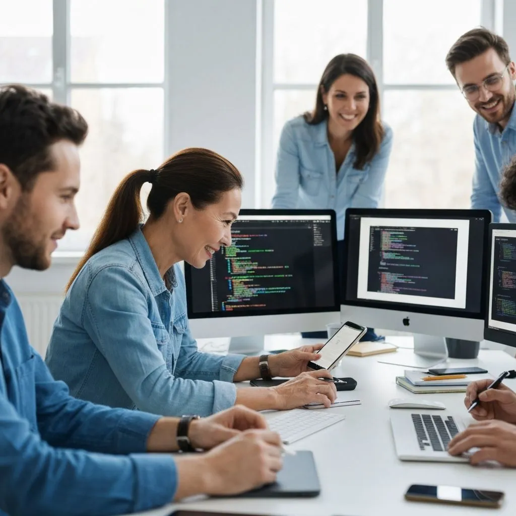 Mobile app team reviewing app designs